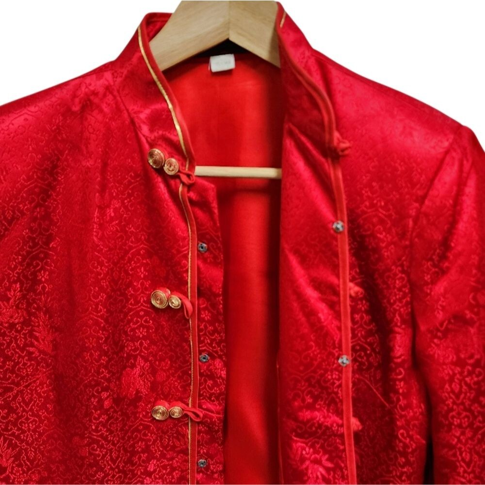 Chinese Womens Tang Jacket Red Gold Floral Satin Knot Asian Party Wedding Sz L - Picture 6 of 10